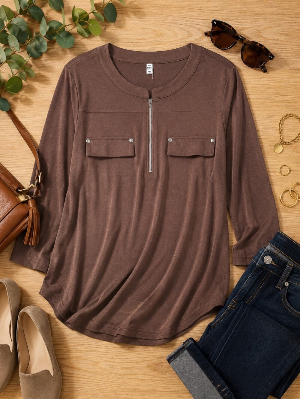 NWT Kancystore Women's Brown 3/4 Sleeve Top with Zipper Size 3XL